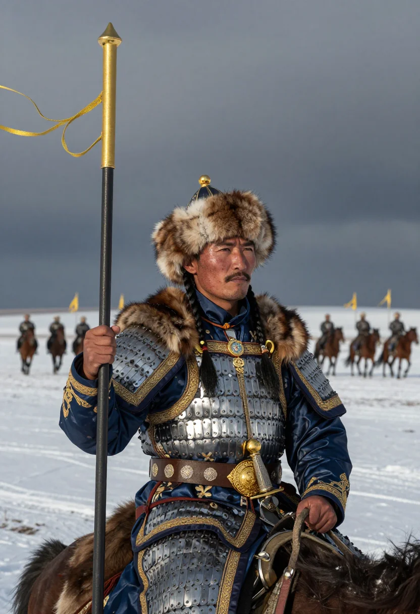 AI golden horde sample — portrait of a man, chest-up portrait of a Central-Asian man
