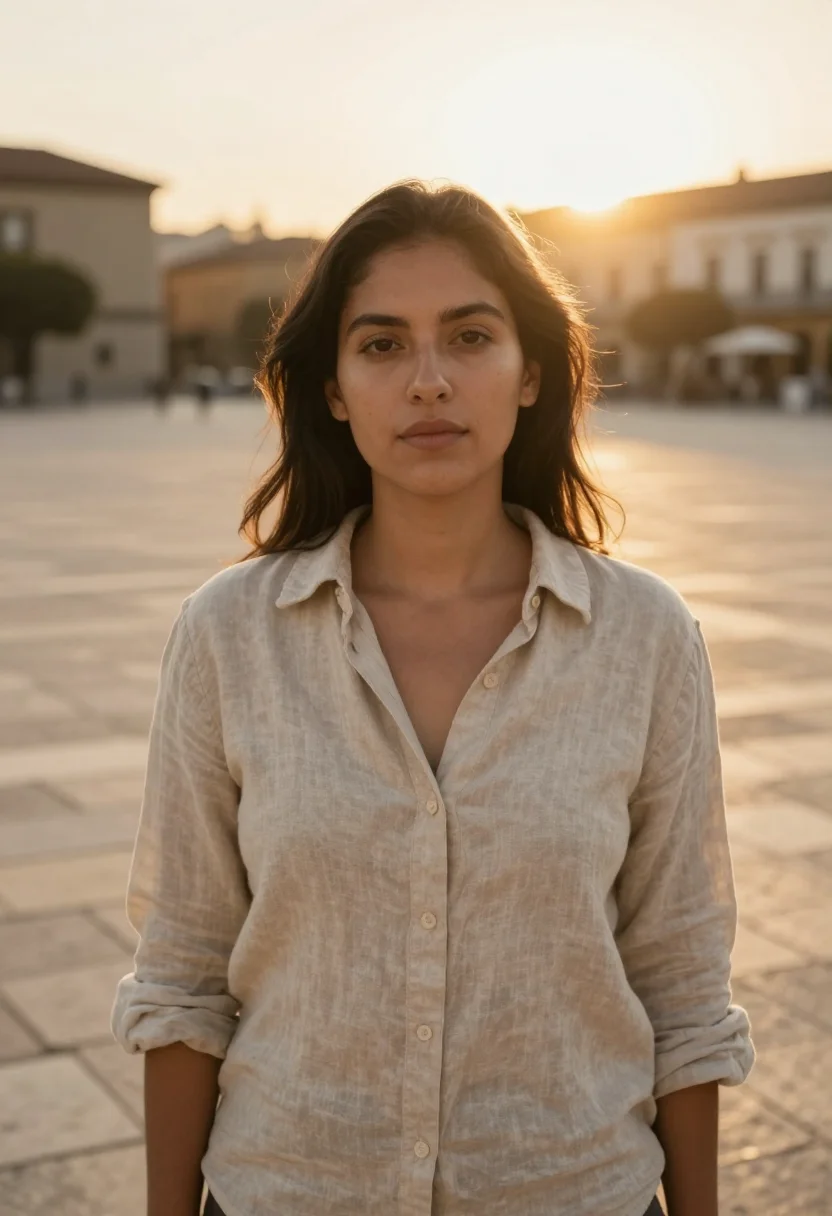 AI golden hour headshot sample — chest-up portrait of a woman in her early thirties, of Latin
