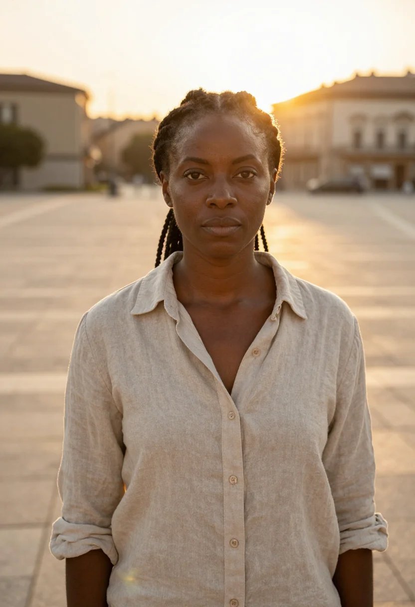 AI golden hour headshot sample — chest-up portrait of a woman in her mid-forties, Black, with