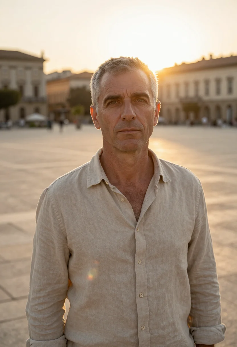 AI golden hour headshot sample — chest-up portrait of a man in his early fifties, Western-Eur
