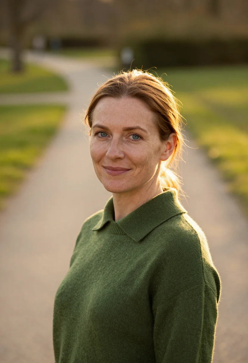 AI golden hour headshot sample — head-and-shoulders portrait of a woman in her early forties,
