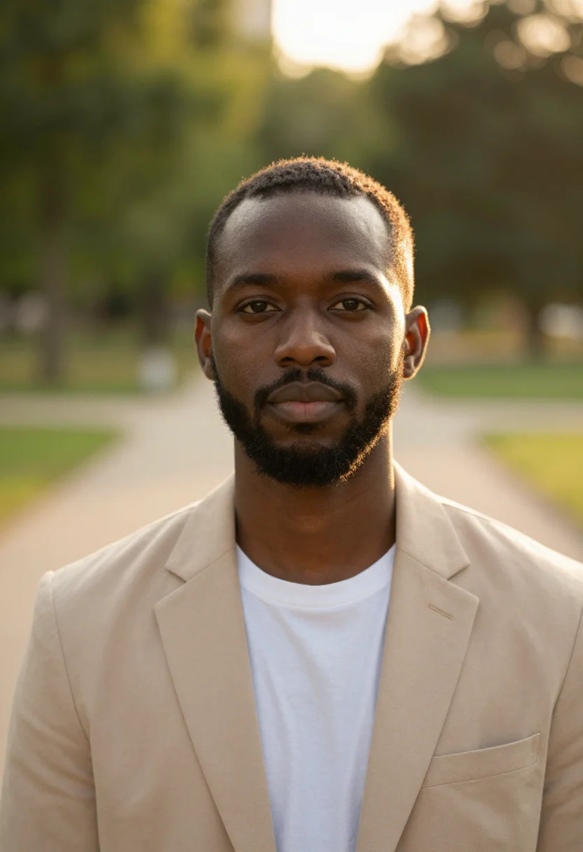 AI golden hour headshot sample — head-and-shoulders portrait of a man in his early forties, B