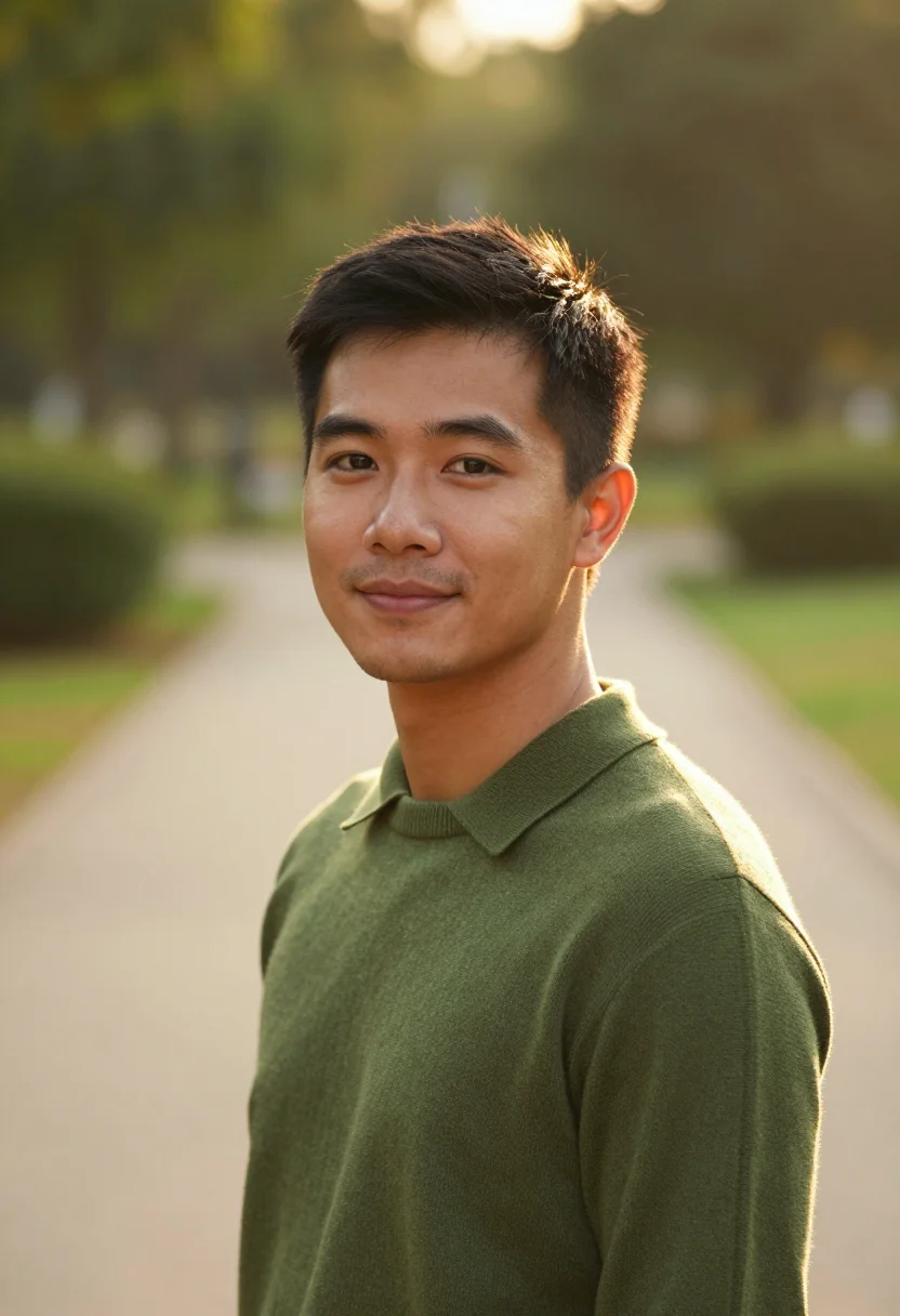 AI golden hour headshot sample — tight head-and-shoulders portrait of a man in his late twent