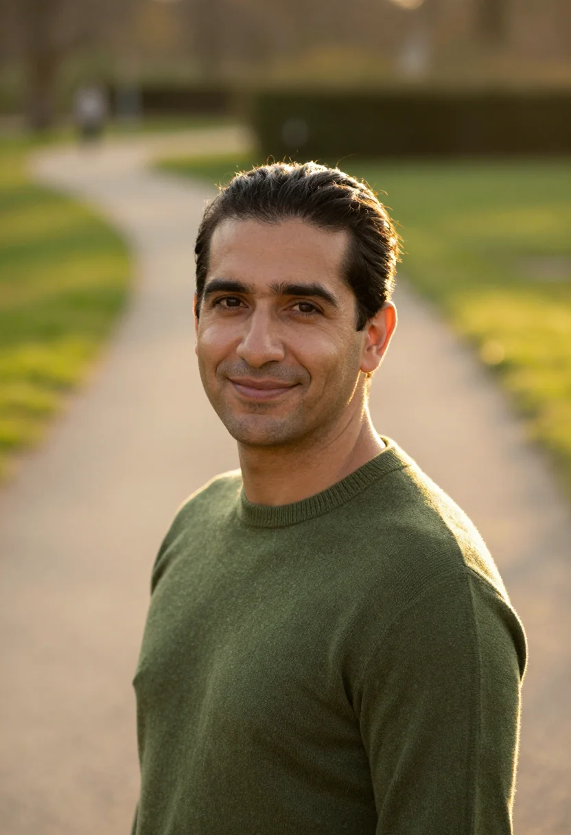 AI golden hour headshot sample — head-and-shoulders portrait of a man in his mid-thirties, of