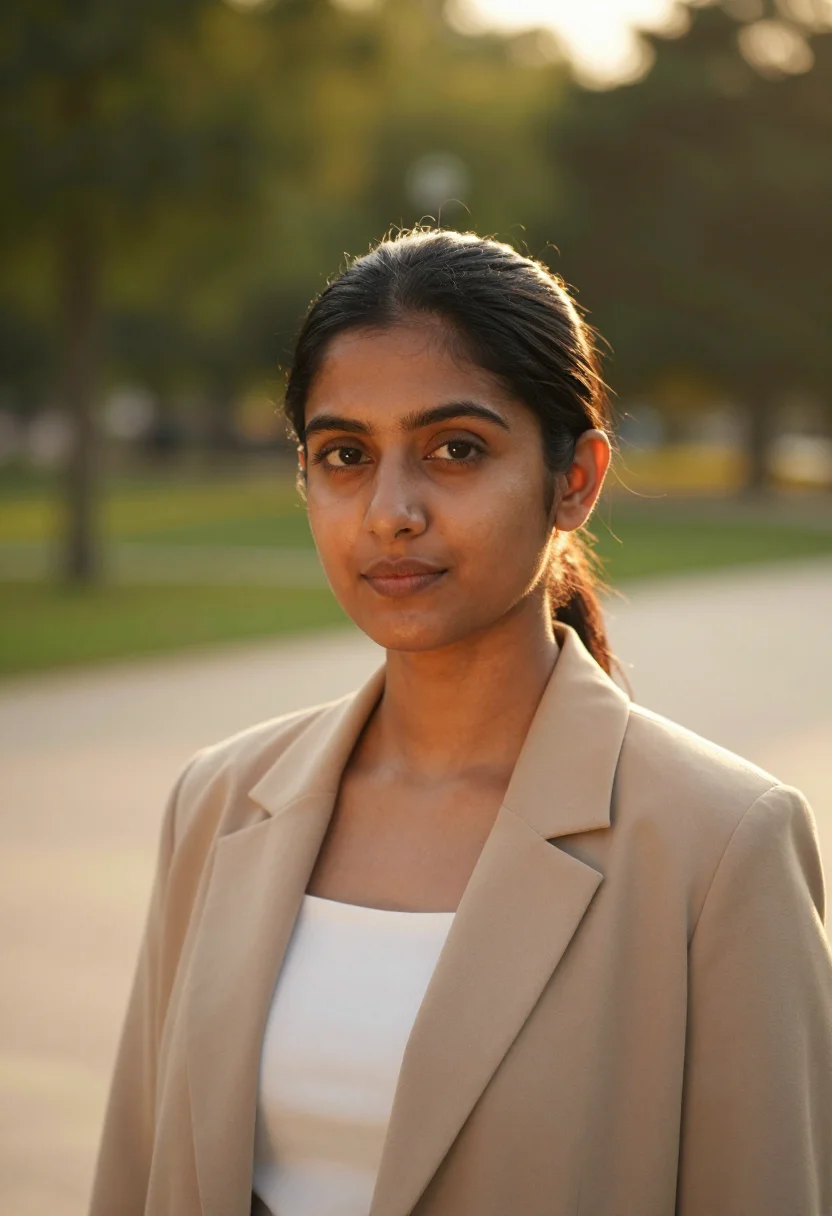 AI golden hour headshot sample — tight head-and-shoulders portrait of a woman in her late twe
