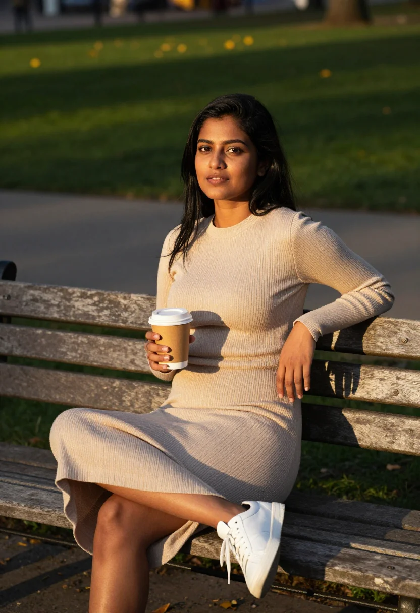 AI golden hour park sample — portrait of a woman, knee-up portrait of a South-Asian woman