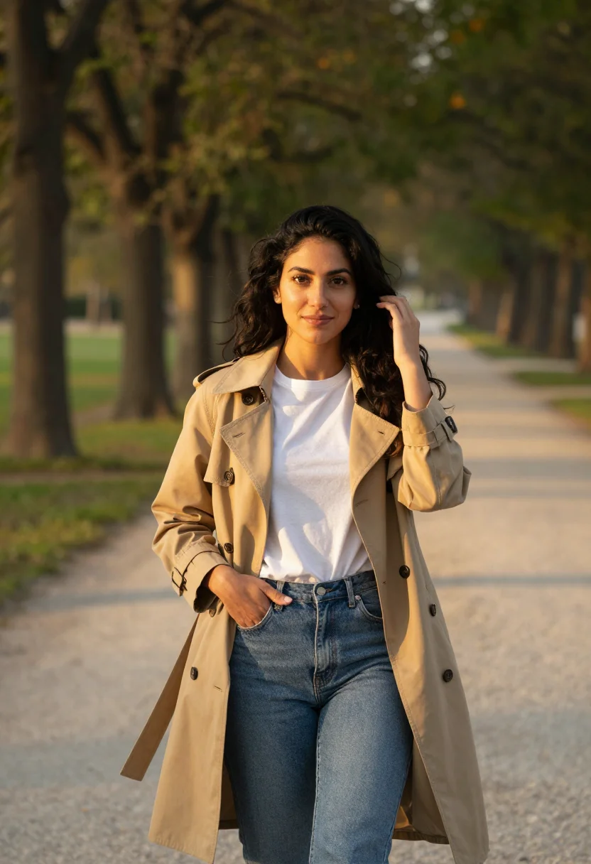 AI golden hour park sample — portrait of a woman, waist-up portrait of a Mediterranean wo