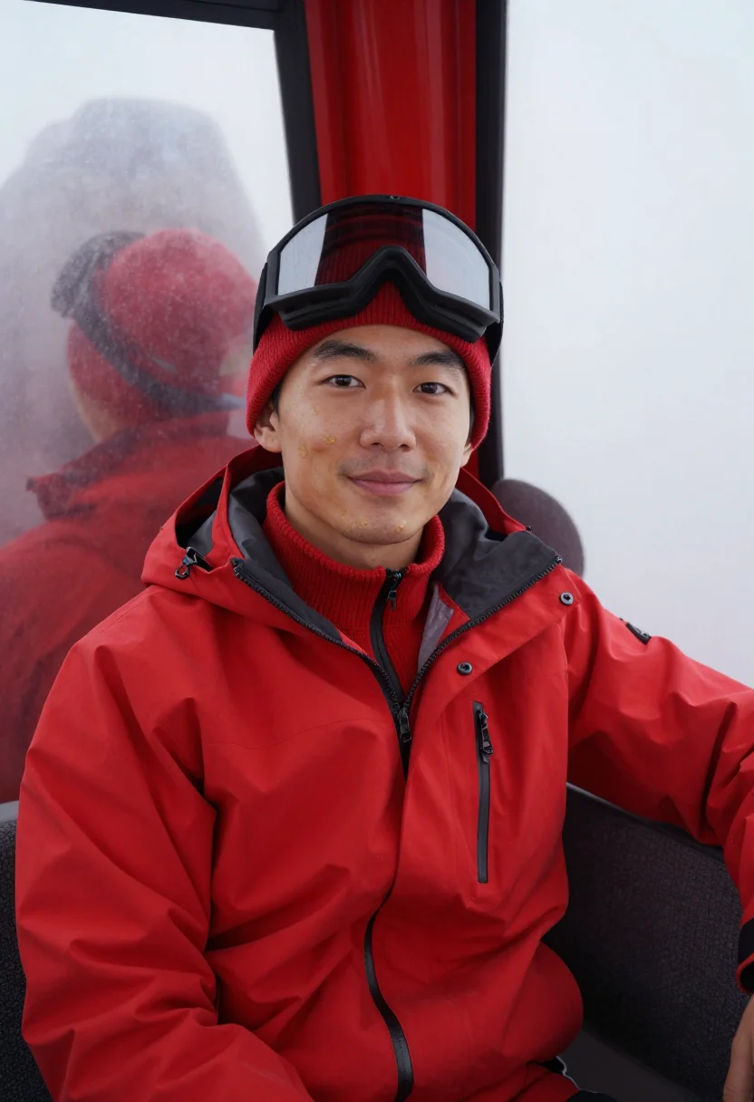 AI gondola red sample — portrait of a man, chest-up portrait of an East-Asian man in