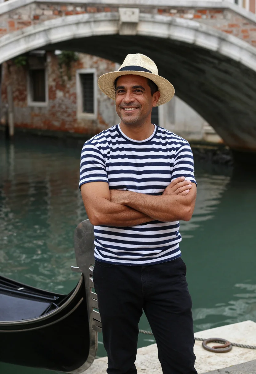 AI gondoliere sample — portrait of a man, half-length portrait of a Northern-Italia