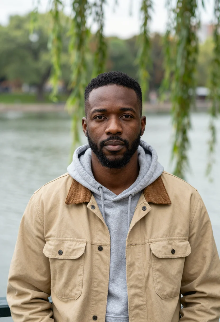 AI good will hunting boston public garden khaki jacket sample — portrait of a man, an African-American man in his late twent
