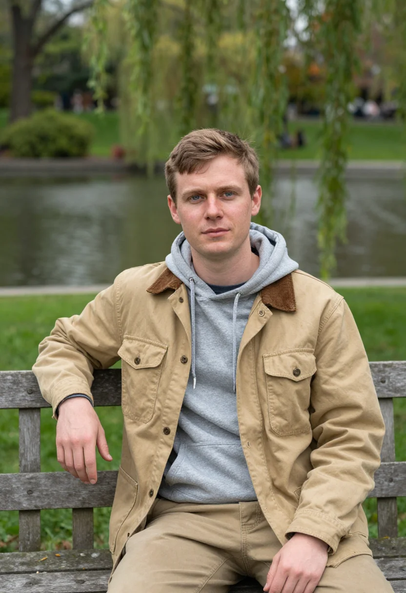 AI good will hunting boston public garden khaki jacket sample — portrait of a man, an English man in his early thirties with