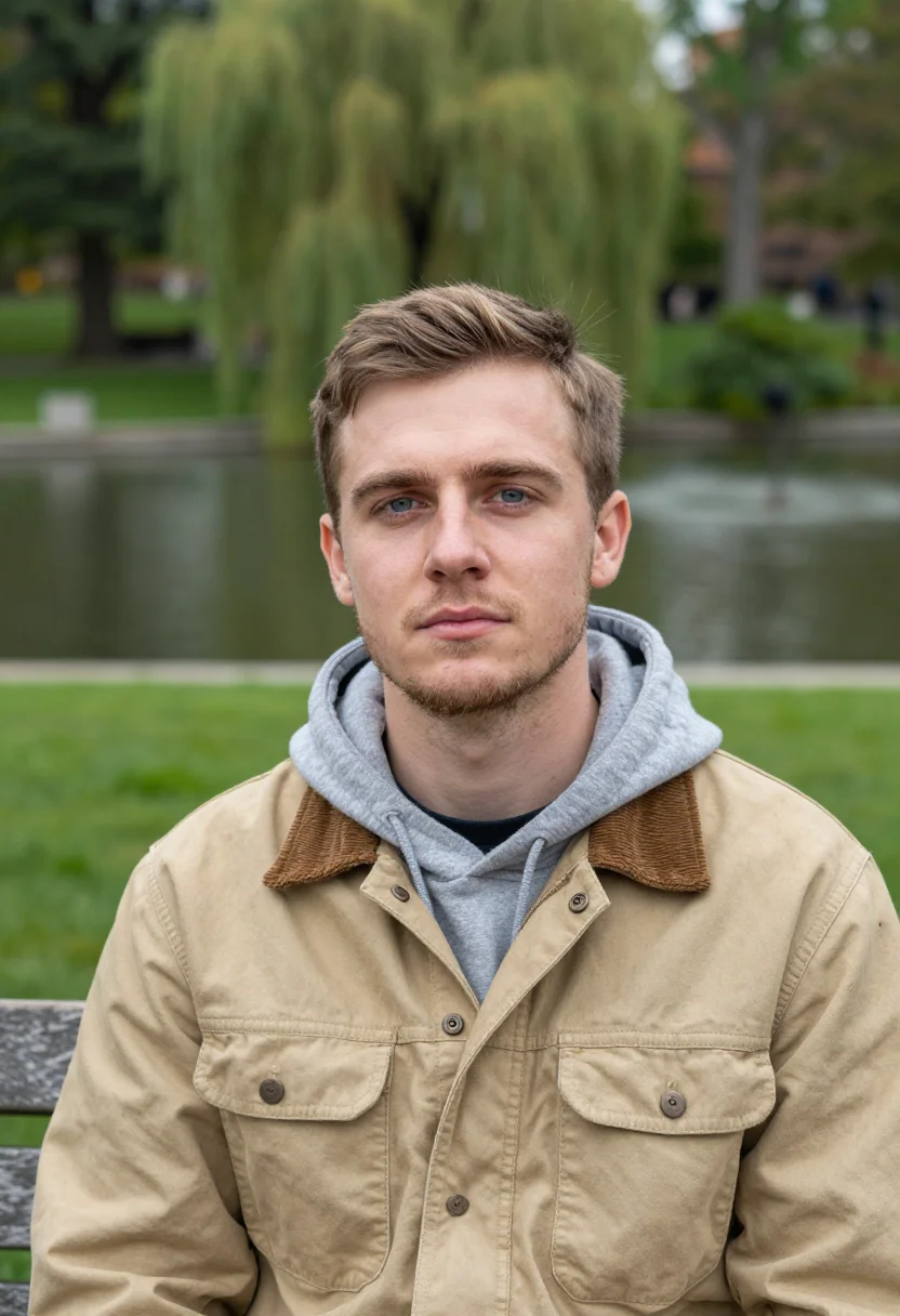 AI good will hunting boston public garden khaki jacket sample — portrait of a man, an Irish-American man in his mid-twenties