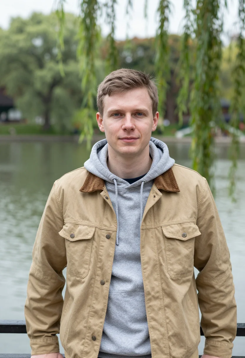 AI good will hunting boston public garden khaki jacket sample — portrait of a man, a Polish-American man in his mid-twenties