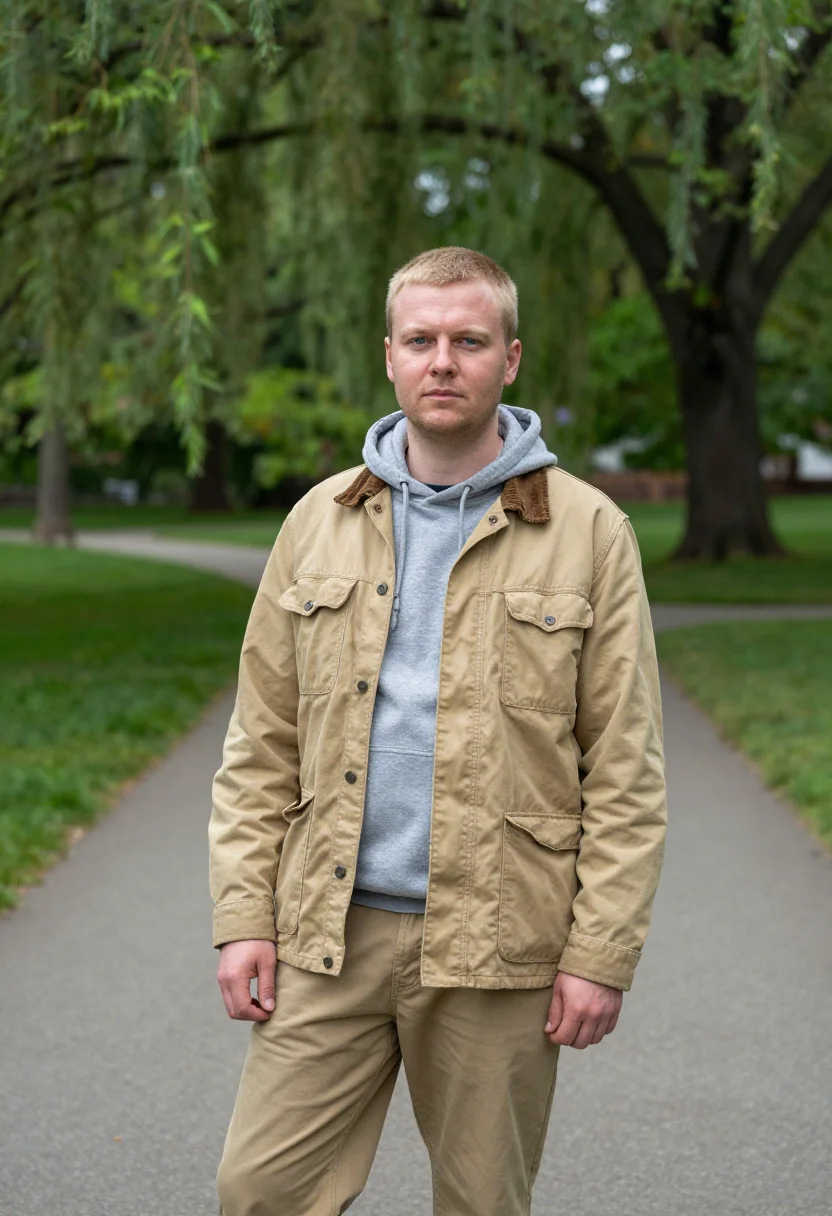AI good will hunting boston public garden khaki jacket sample — portrait of a man, a German man in his mid-thirties with fai