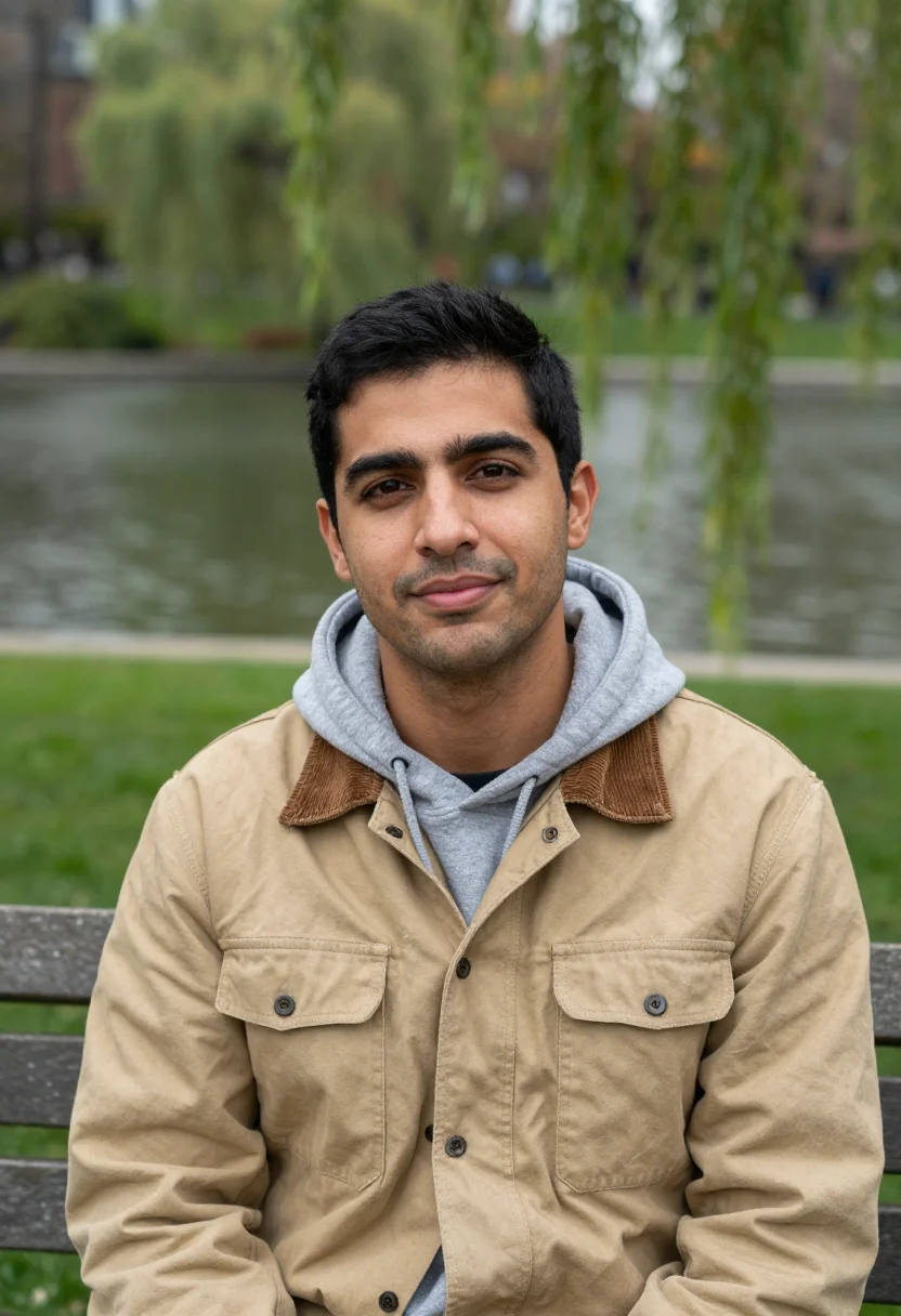 AI good will hunting boston public garden khaki jacket sample — portrait of a man, an Italian-American man in his late twent