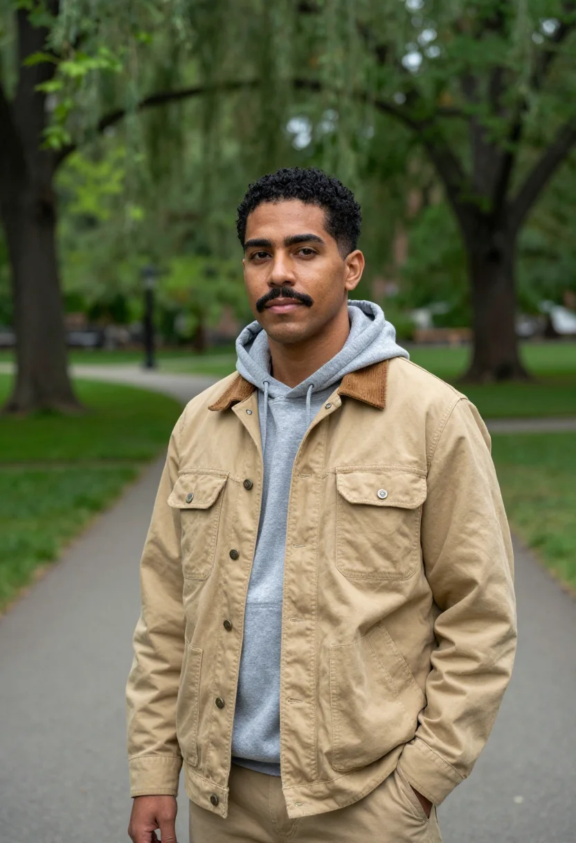 AI good will hunting boston public garden khaki jacket sample — portrait of a man, a Puerto Rican man in his early thirties