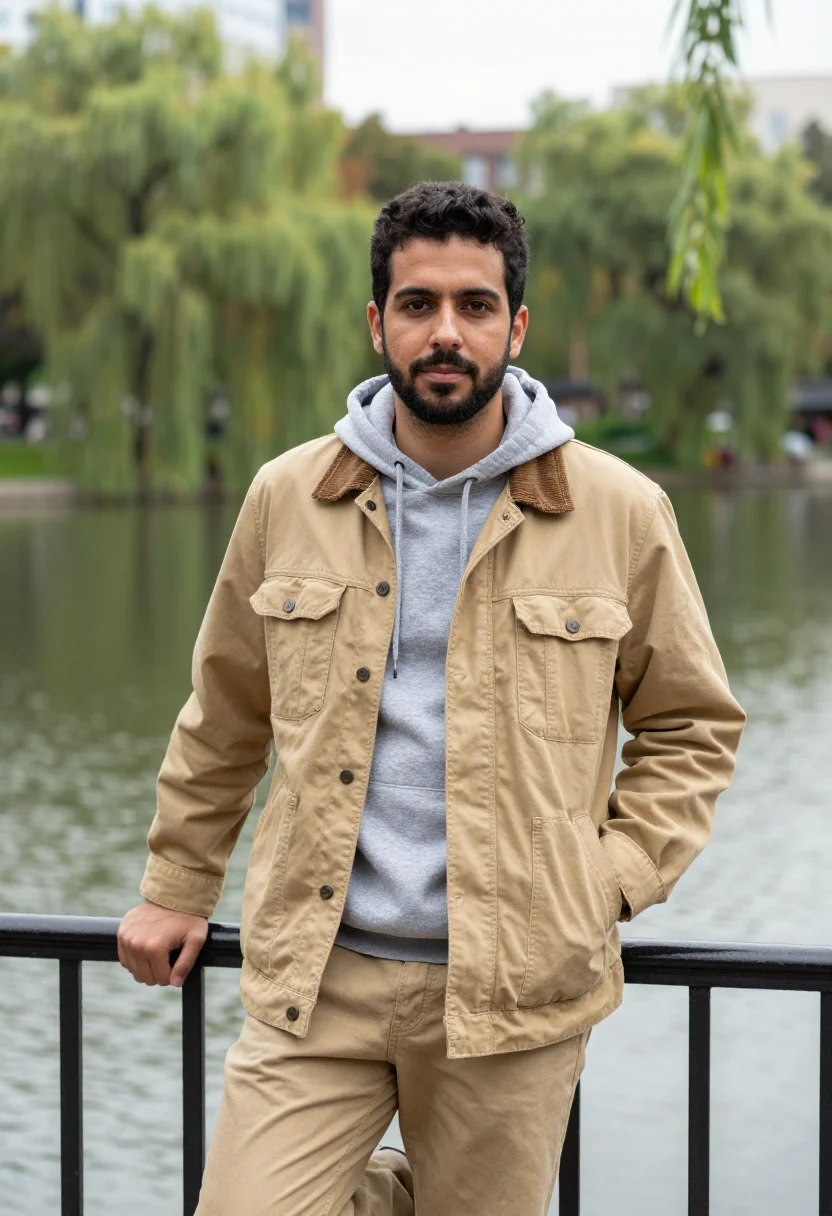 AI good will hunting boston public garden khaki jacket sample — portrait of a man, a Portuguese-American man in his early th