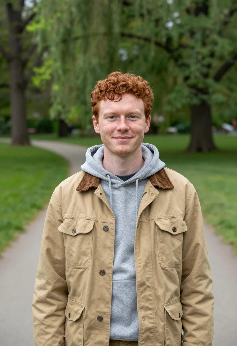 AI good will hunting boston public garden khaki jacket sample — portrait of a man, a Scottish man in his late twenties with