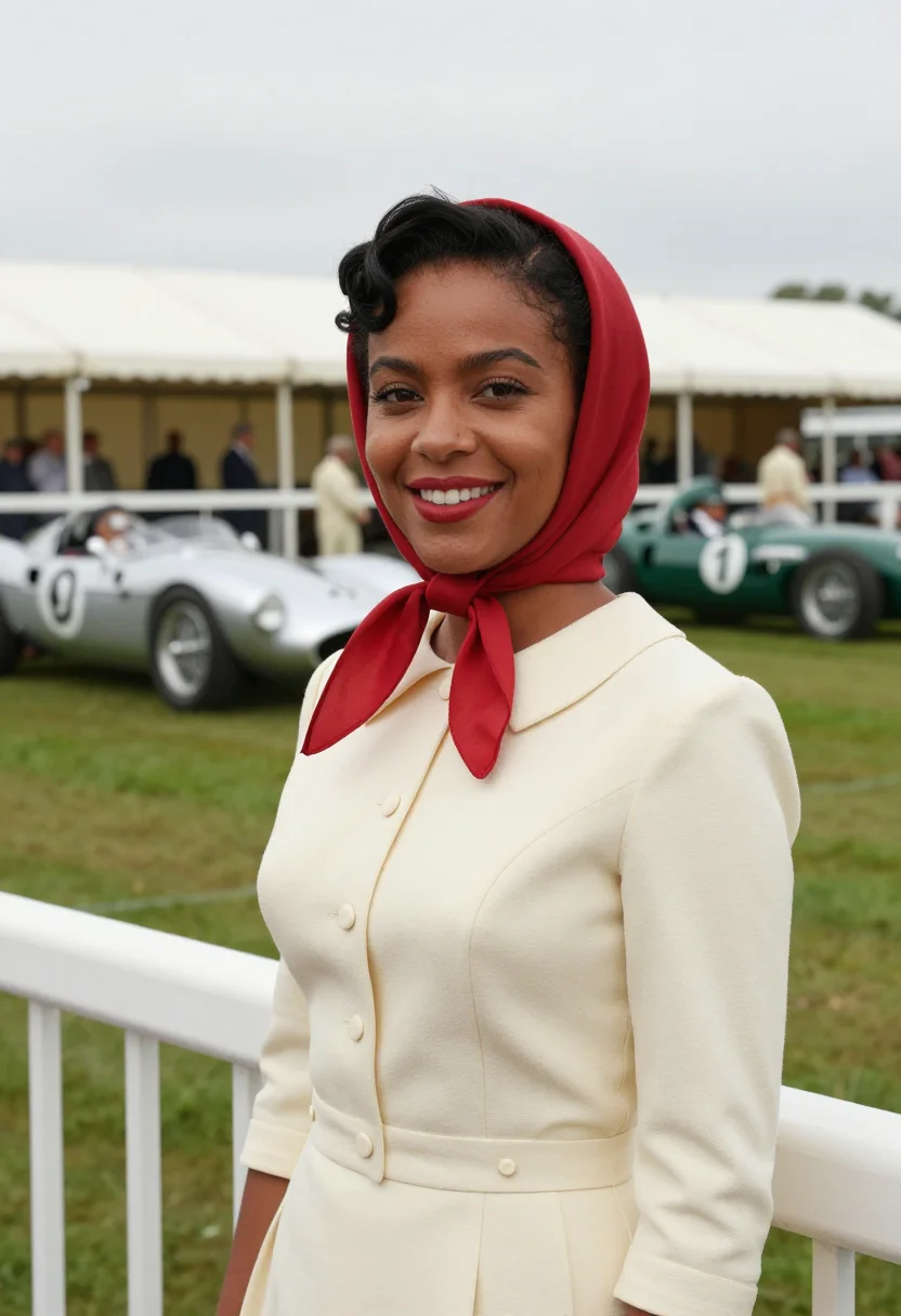 AI goodwood revival 1950s tweed palette sample — portrait of a woman, a British-Jamaican race-meeting guest i
