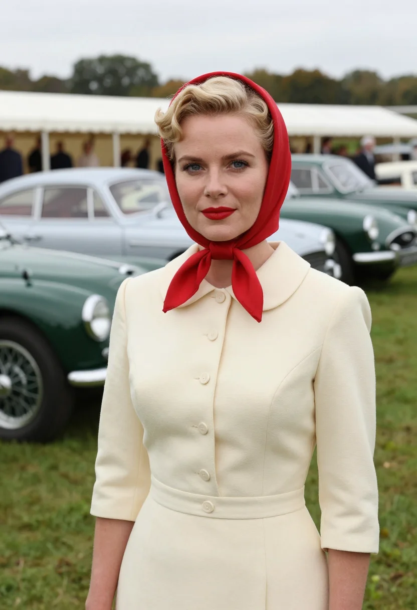 AI goodwood revival 1950s tweed palette sample — portrait of a woman, a Swedish race-meeting guest in her mid