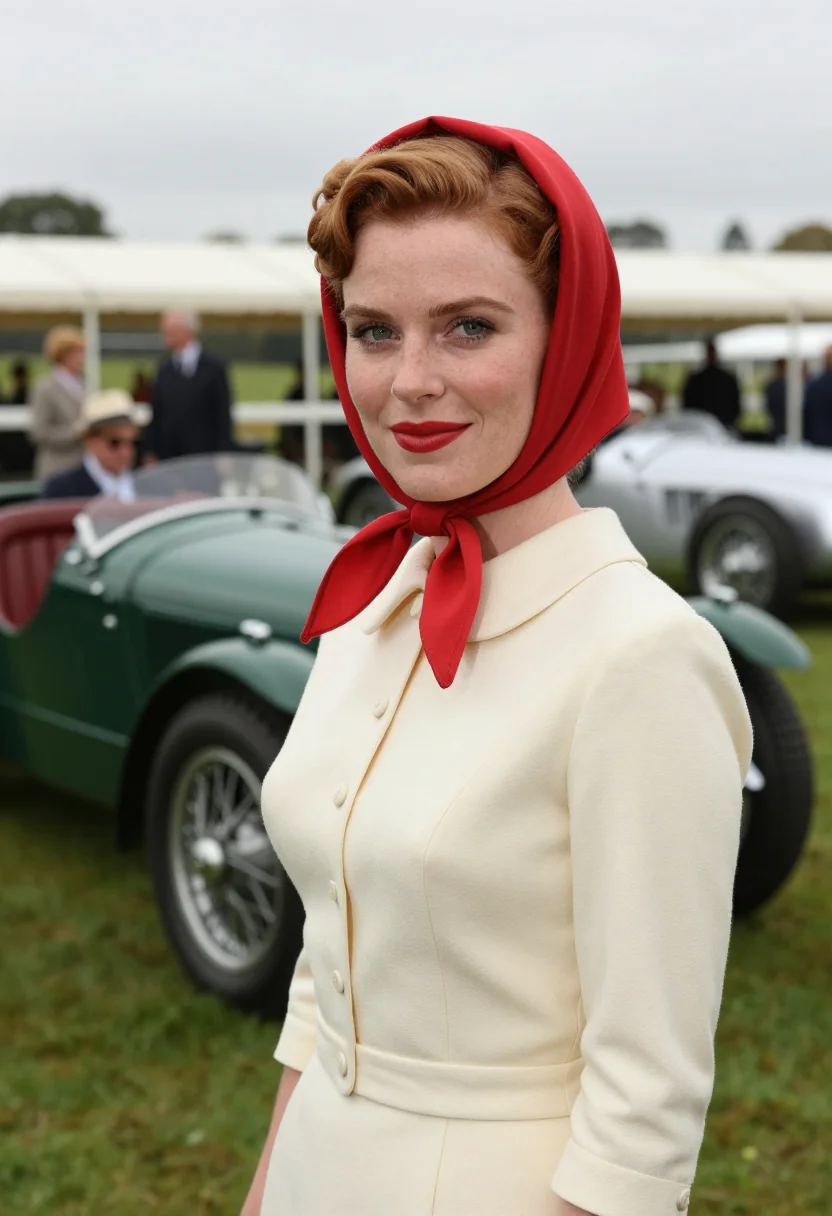 AI goodwood revival 1950s tweed palette sample — portrait of a woman, a Scottish race-meeting guest in her la