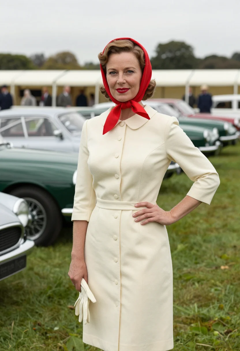 AI goodwood revival 1950s tweed palette sample — portrait of a woman, an English race-meeting guest in her la
