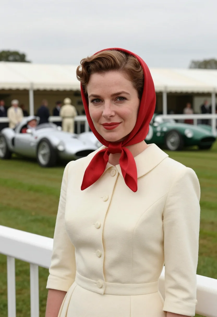 AI goodwood revival 1950s tweed palette sample — portrait of a woman, a French race-meeting guest in her earl