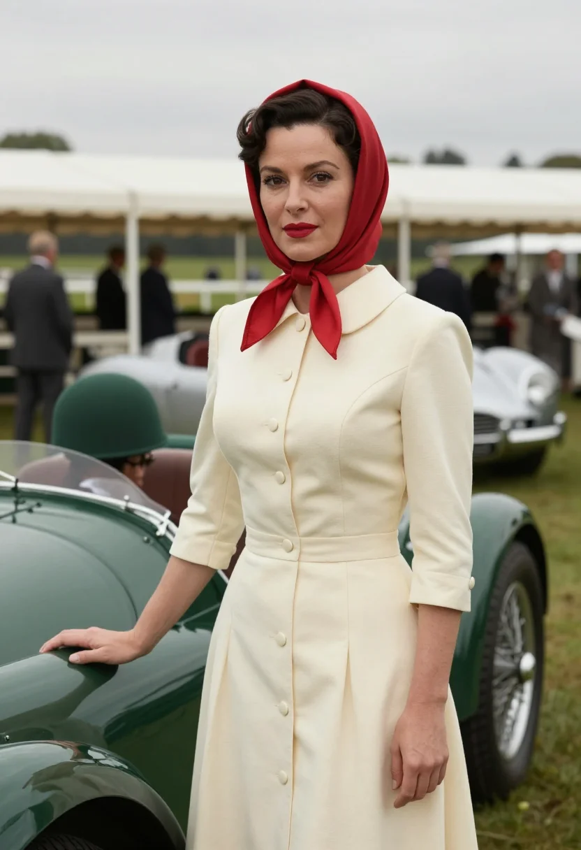 AI goodwood revival 1950s tweed palette sample — portrait of a woman, an Italian race-meeting guest in her mi