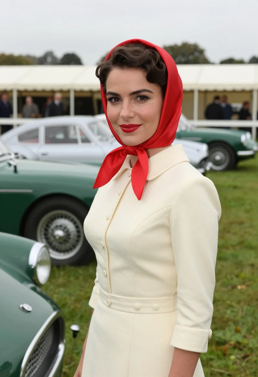 AI goodwood revival 1950s tweed palette sample — portrait of a woman, a Spanish race-meeting guest in her ear