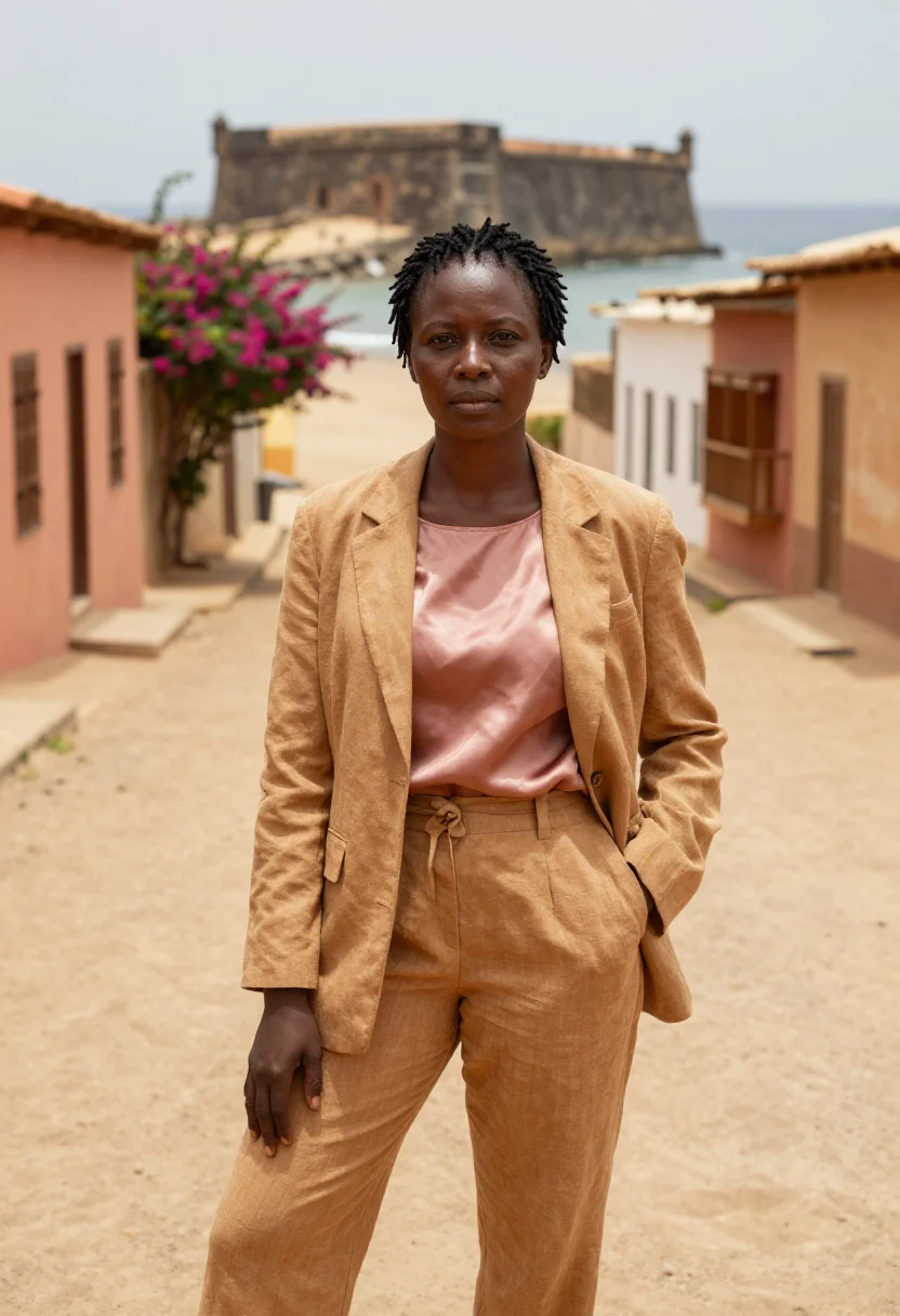 AI goree historian island ochre bougainvillea sample — portrait of a woman, a historian in her late forties of Diol