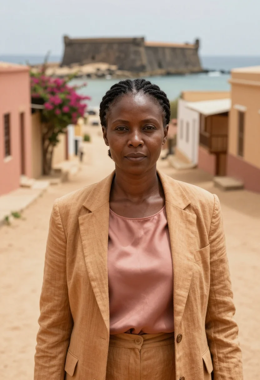 AI goree historian island ochre bougainvillea sample — portrait of a woman, a historian in her mid-fifties of Wolof