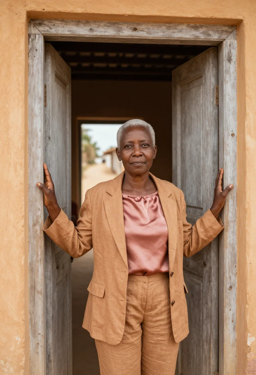 AI goree historian island ochre bougainvillea sample — portrait of a woman, a historian in her early sixties of Leb