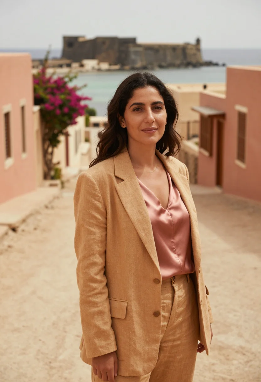 AI goree historian island ochre bougainvillea sample — portrait of a woman, a historian in her early forties of Leb