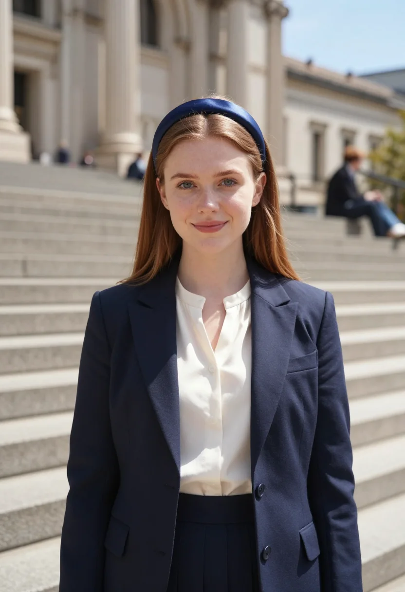 AI gossip girl met steps blair headband navy sample — portrait of a woman, an English woman in her early twenties