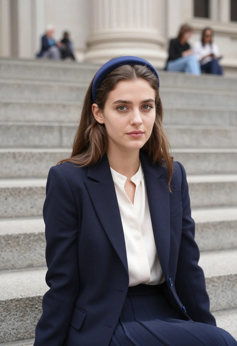 AI gossip girl met steps blair headband navy sample — portrait of a woman, a French woman in her early twenties wi