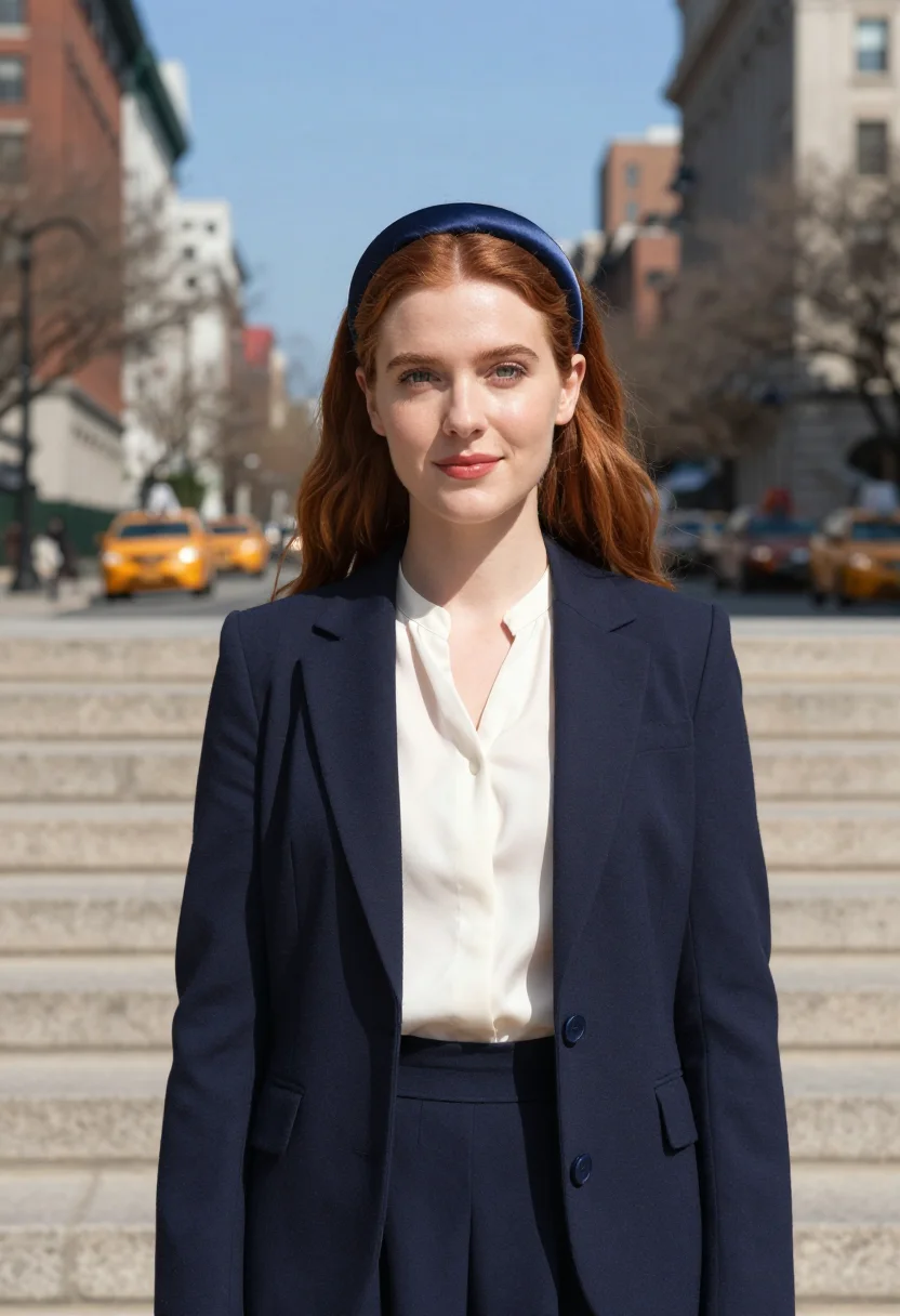 AI gossip girl met steps blair headband navy sample — portrait of a woman, an Irish-American woman in her early tw