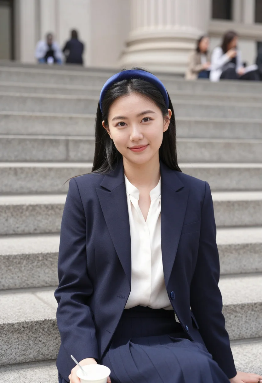 AI gossip girl met steps blair headband navy sample — portrait of a woman, a Korean-American woman in her early tw