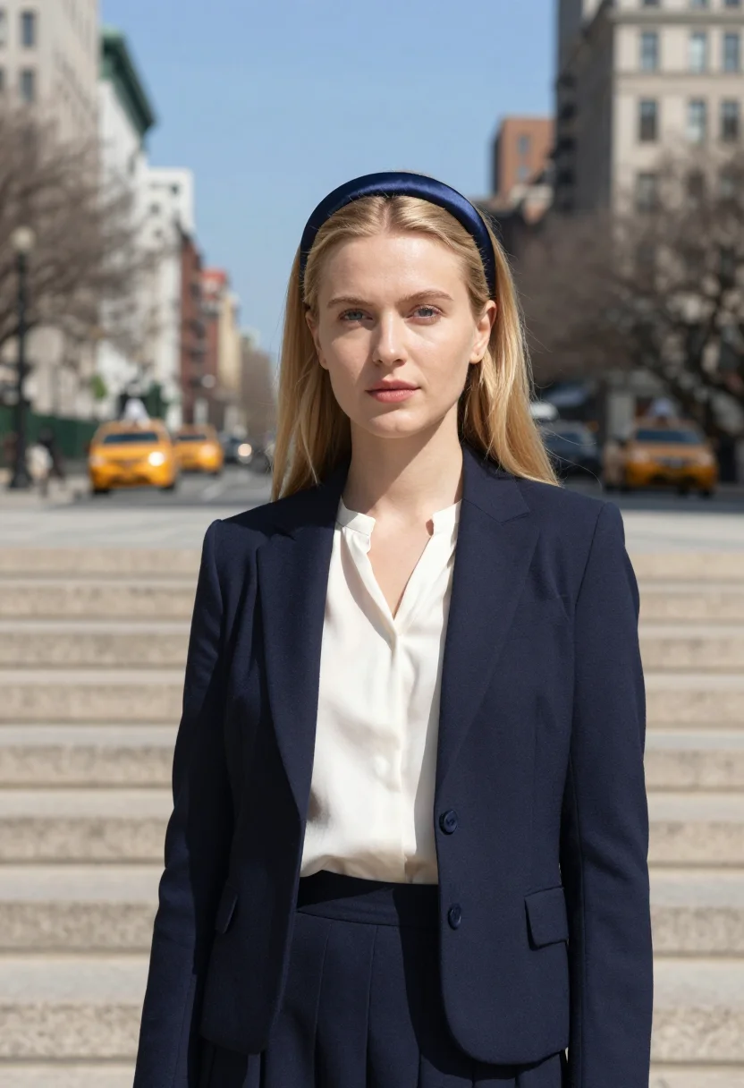 AI gossip girl met steps blair headband navy sample — portrait of a woman, a Swedish woman in her early twenties w