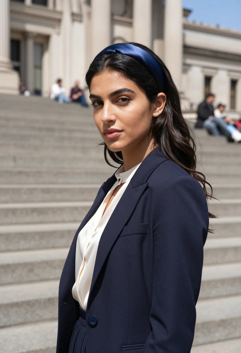 AI gossip girl met steps blair headband navy sample — portrait of a woman, an Italian-American woman in her early