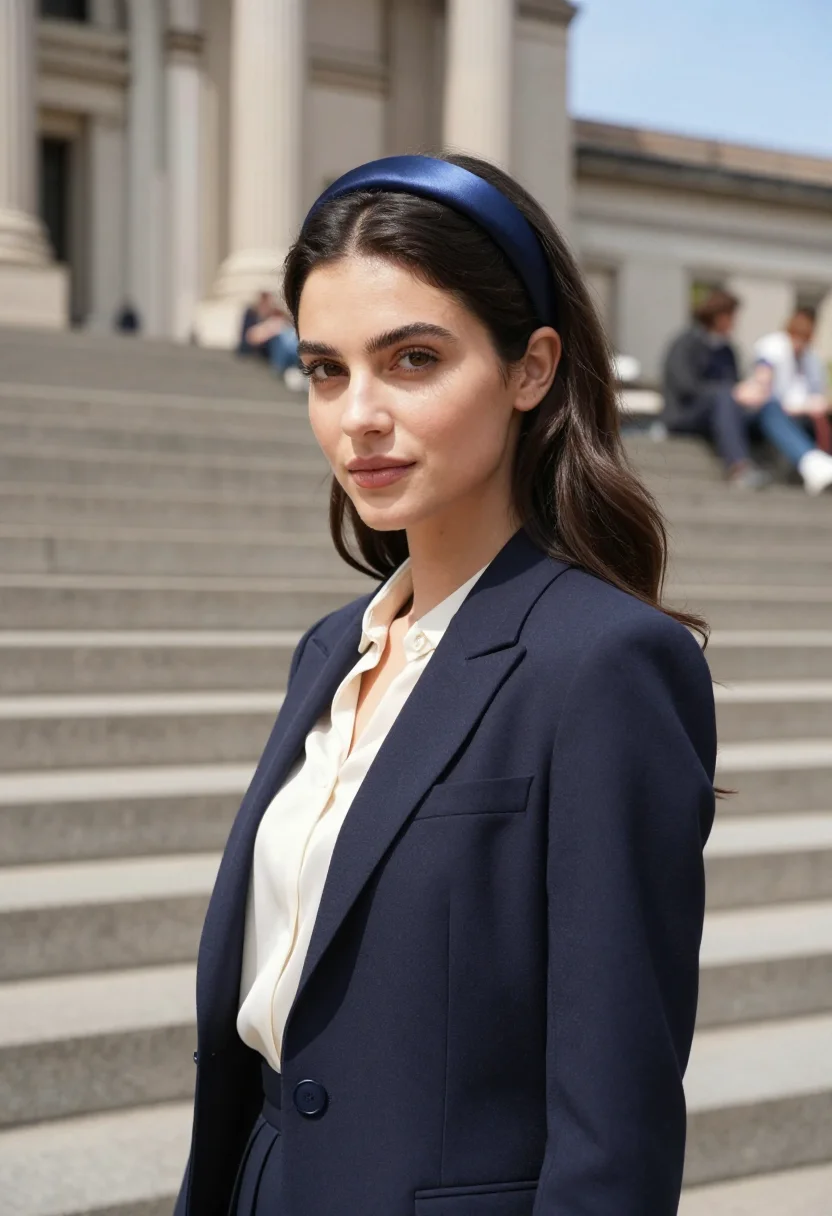 AI gossip girl met steps blair headband navy sample — portrait of a woman, an American woman in her early twenties