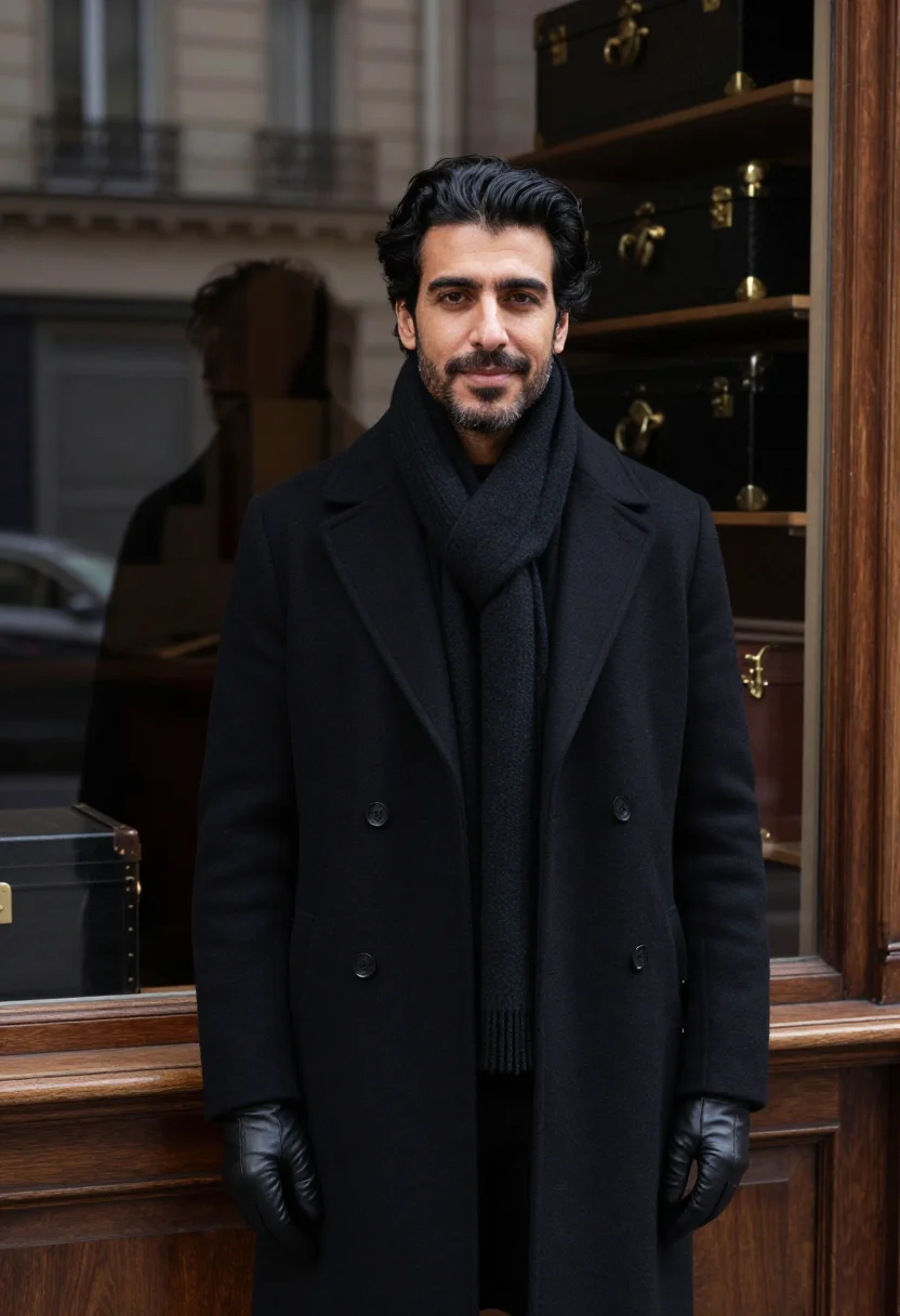 AI goyard rue saint honore chevron trunk black men sample — portrait of a man, a Spanish man in his early forties with t
