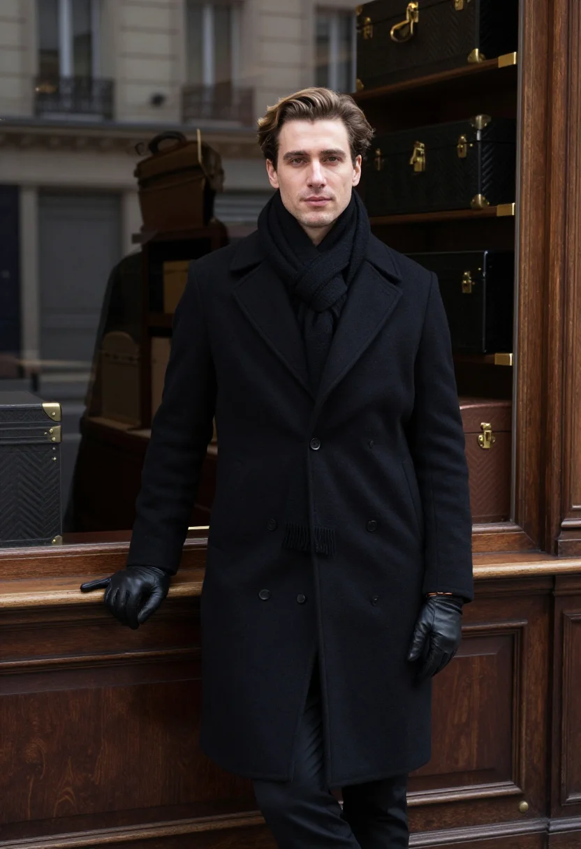 AI goyard rue saint honore chevron trunk black men sample — portrait of a man, a French man in his mid-thirties with fai