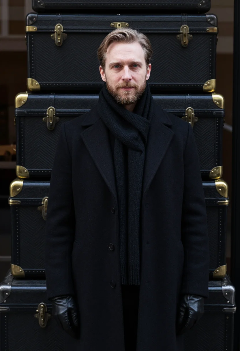 AI goyard rue saint honore chevron trunk black men sample — portrait of a man, an English man in his late thirties with