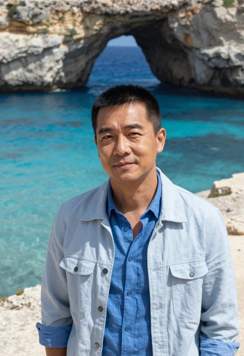 AI gozo marine biologist azure limestone sample — portrait of a man, chest-up portrait of an East-Asian man in