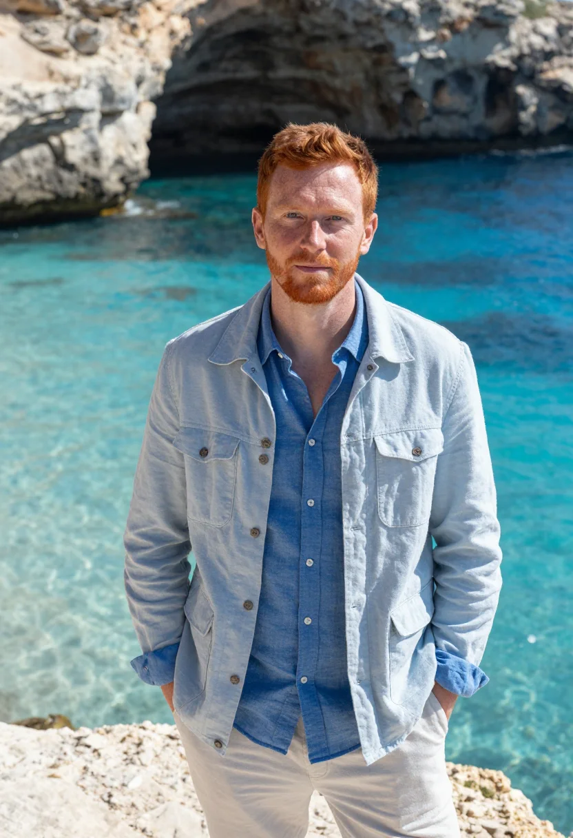 AI gozo marine biologist azure limestone sample — portrait of a man, half-length portrait of a Western-Europea