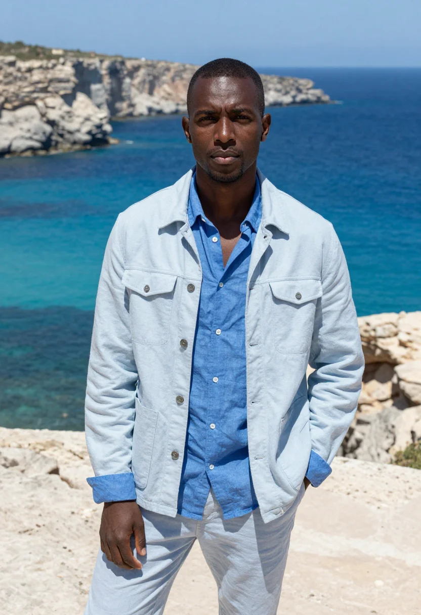 AI gozo marine biologist azure limestone sample — portrait of a man, half-length portrait of a Black man in hi