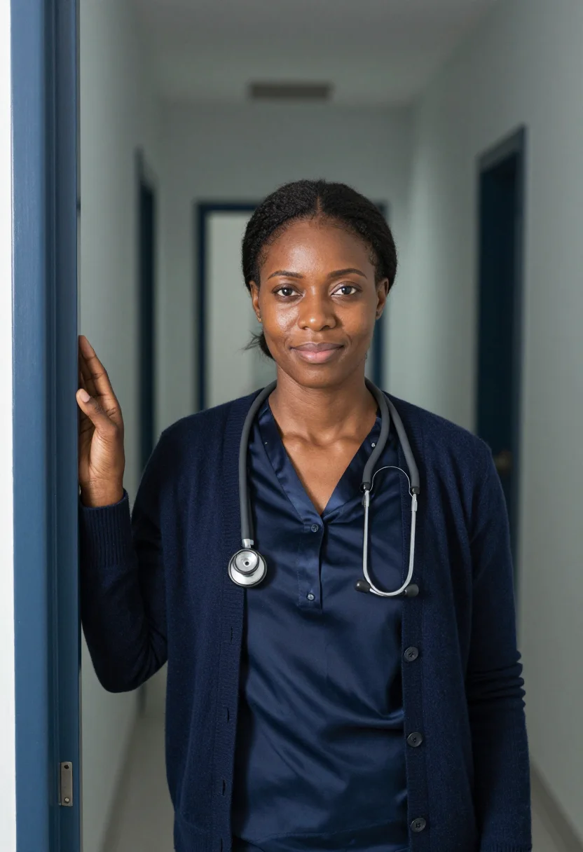 AI gp surgery november navy sample — portrait of a woman, framed chest-up, cropped at the ribs, t