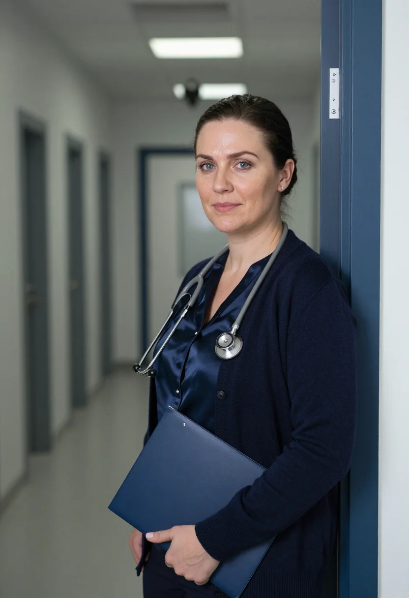 AI gp surgery november navy sample — portrait of a woman, framed half-length, cropped at the wais