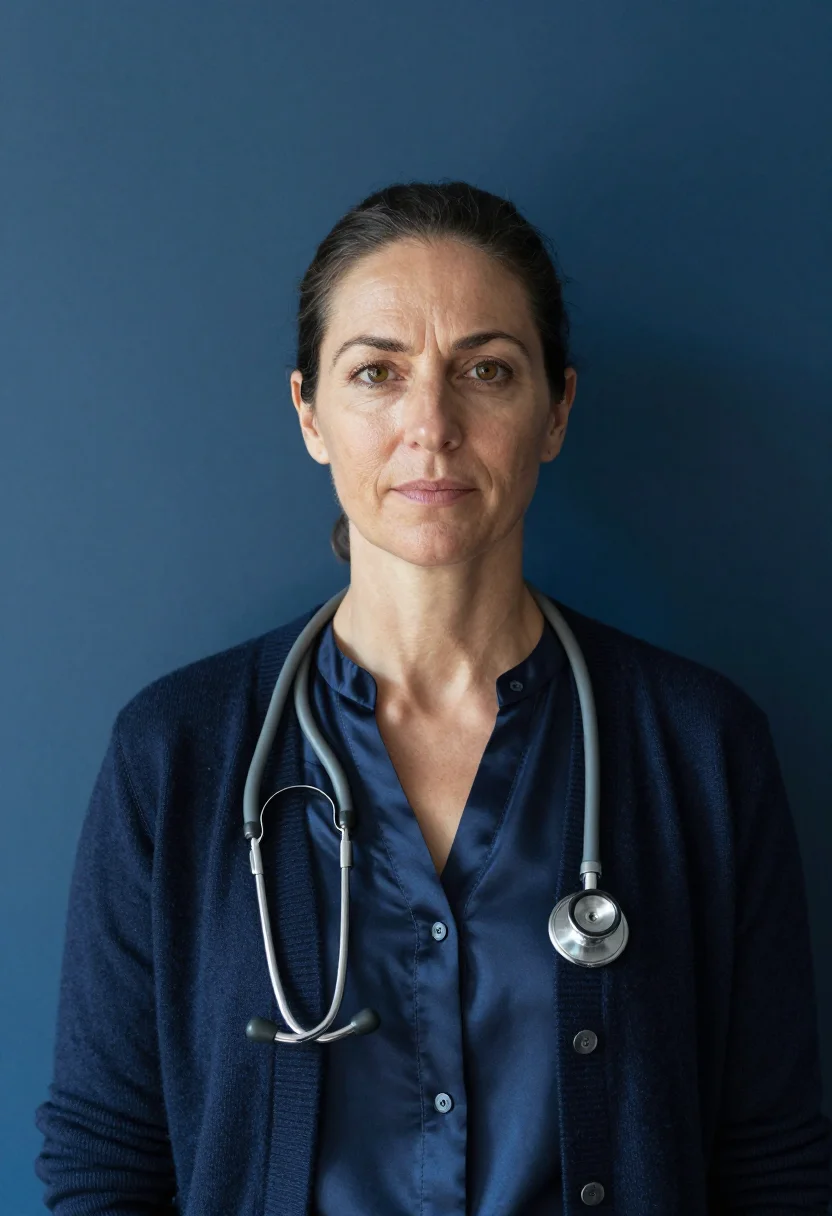 AI gp surgery november navy sample — portrait of a woman, framed tight, head and shoulders, the b