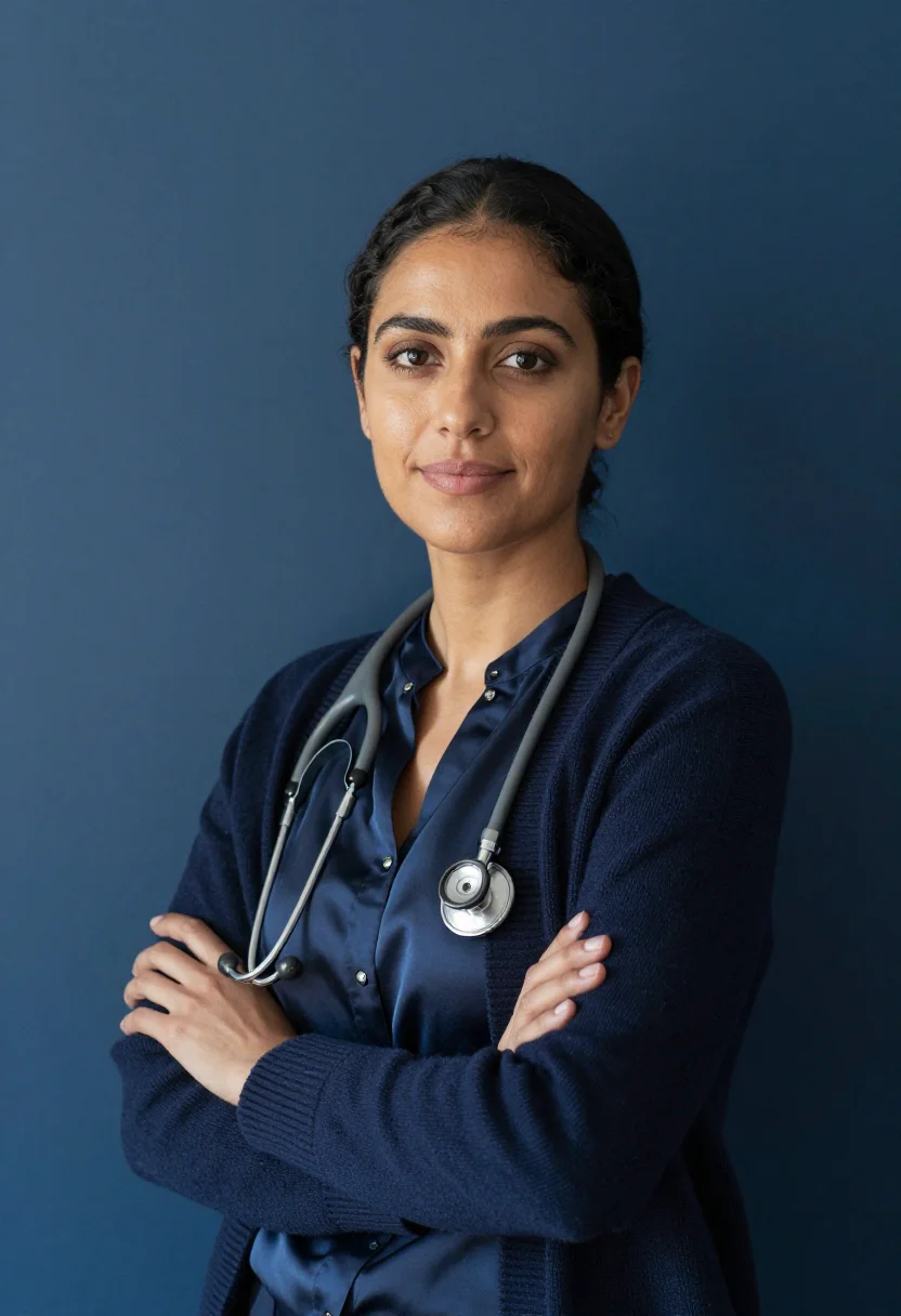 AI gp surgery november navy sample — portrait of a woman, framed chest-up, cropped at the ribs, t